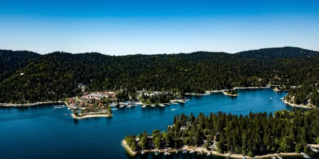 Aerial view of Lake Arrowhead Village during the summer season
